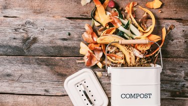 Müllsortierung. Biologische Lebensmittelabfälle aus Gemüse, bereit zum Recycling im Kompostbehälter auf Holzboden. Draufsicht. Nachhaltiges Leben ohne Verschwendung. Umweltverträgliches Verhalten, Ökologiekonzept